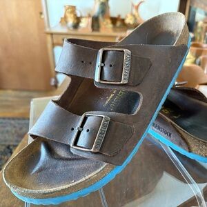 Birkenstock, Arizona Havana oiled leather blue bottom soles 42N W/11 M/9 Brown
